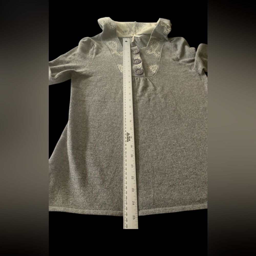 Lapis Wool Hoodie Sweater Tunic Fluted Sleeve Empire Waist Paisley Grey Cream M - Picture 14 of 16
